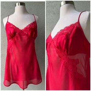 Victoria's Secret Elegant Red Silk Slip Dress w\Sequins Beads & Lace Sz L